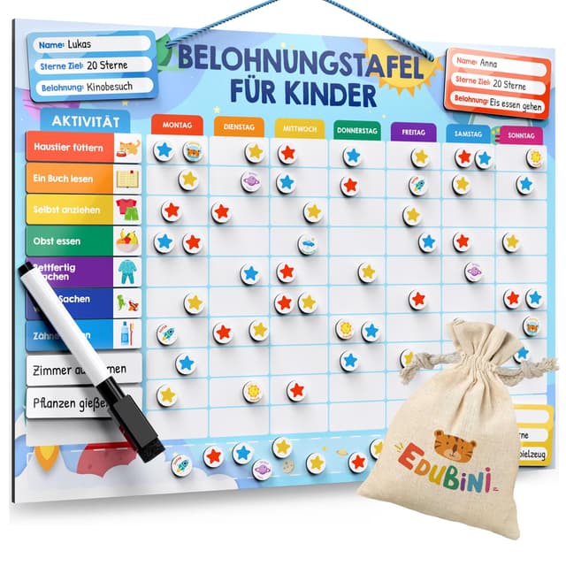🚀 Edubini Belohnungstafel für Kinder - [100 AUFGABEN + 350 Magnete] - Belohnungssystem für Verantwortung