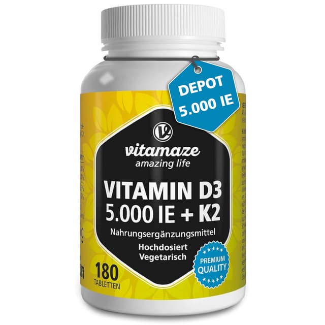 🌞 Vitamin D3 K2 5000 IE mit Vitamin K2 MK7 All Trans Form - 180 Tabletten