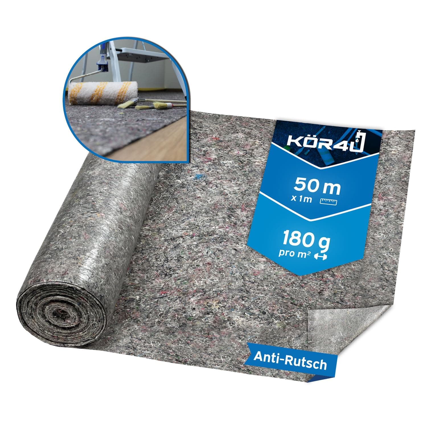 🎨 Kör4u Malervlies 50m, 180g Abdeckvlies – Staubdichtes, Rutschfestes Malervlies für Renovierungen 🏠