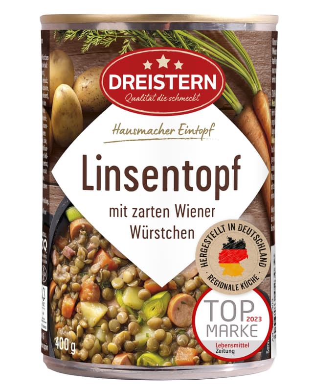 🍲 DREISTERN Linsentopf 400g mit Wiener Würstchen & Gemüse 🌿
