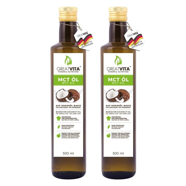 Angebot: GreatVita MCT Öl auf Kokosölbasis 2x 500 ml | C8 & C10 Fettsäuren, Premium Qualität