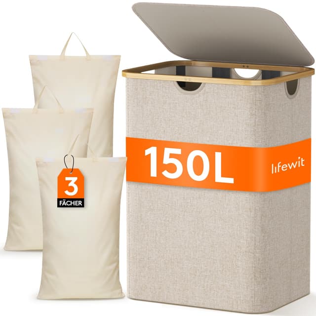 🧺 Lifewit 150L Wäschekorb mit Deckel, Wäschesammler 3 Fächer, Wäschebox Groß 🧼