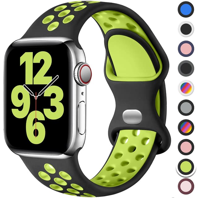 🌈 Upeak Sport Armband | Kompatibel mit Apple Watch | Atmungsaktiv Silikon Doppelloch Band | L, Schwarz/Grün | Größenwahl