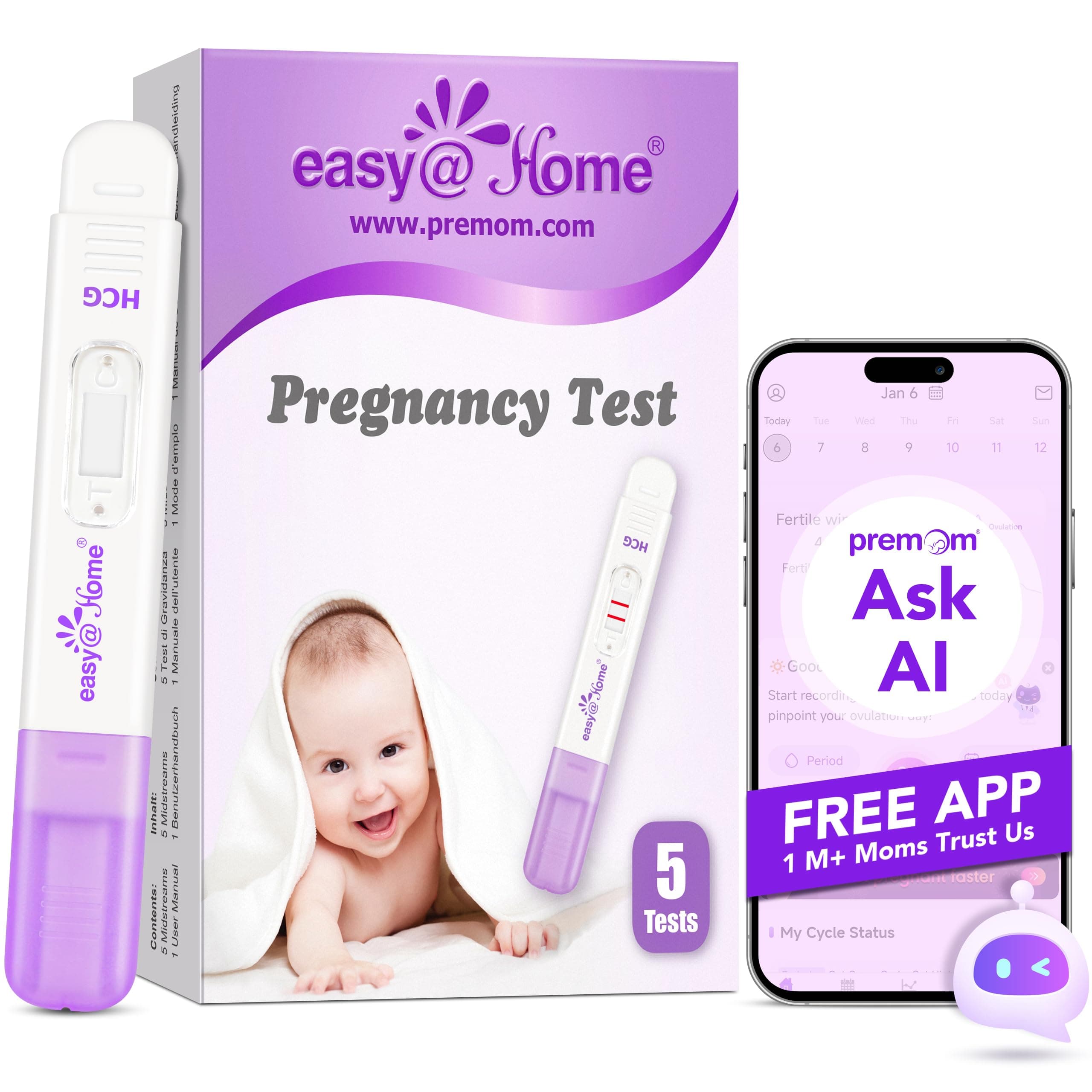 🤰 Easy@Home 5 x Schwangerschaftstest Frühtest Frühschwangerschaftstest: Ultra Empfindlich Pregnancy Test 10 mIU/ml - Zuverlässiger Frühtest Schwangerschaft mit hoher Genauigkeit - 5 HCG Test 5 Stück (1er Pack)