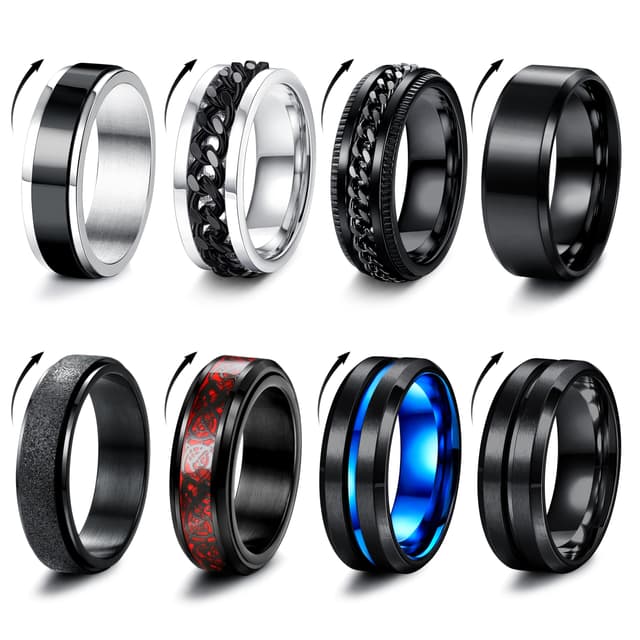 🎁 Milacolato 8 Stück Edelstahl Fidget Ring Spinner - Schwarze Bandringe