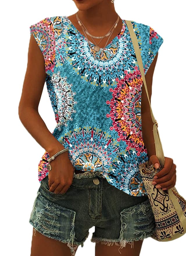 👚 Damen Sommer V Ausschnitt Tank Top 🌸 Locker Bluse Oberteile Top Sommer Damen Leicht und Luftig mit Flügelärmeln L 01-blumengrün