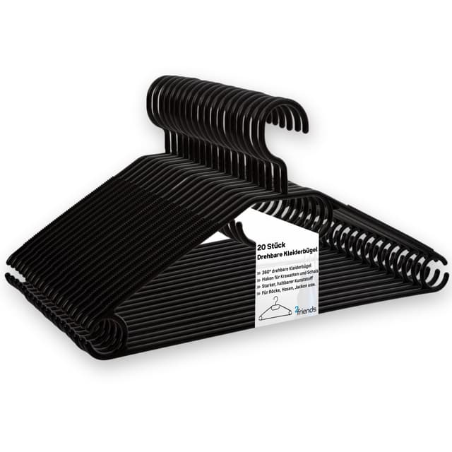 Angebot: 20 Schwarze Kleiderbügel mit drehbaren Haken - Platzsparend und Umweltfreundlich