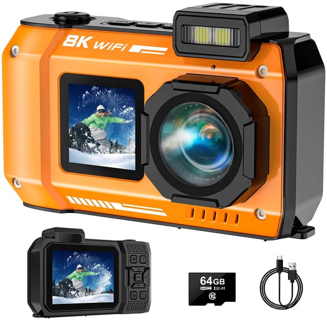 YISENCE 8K UHD Robuste Unterwasserkamera mit WiFi - 70MP Autofocus Selfie - 64GB Karte inklusive