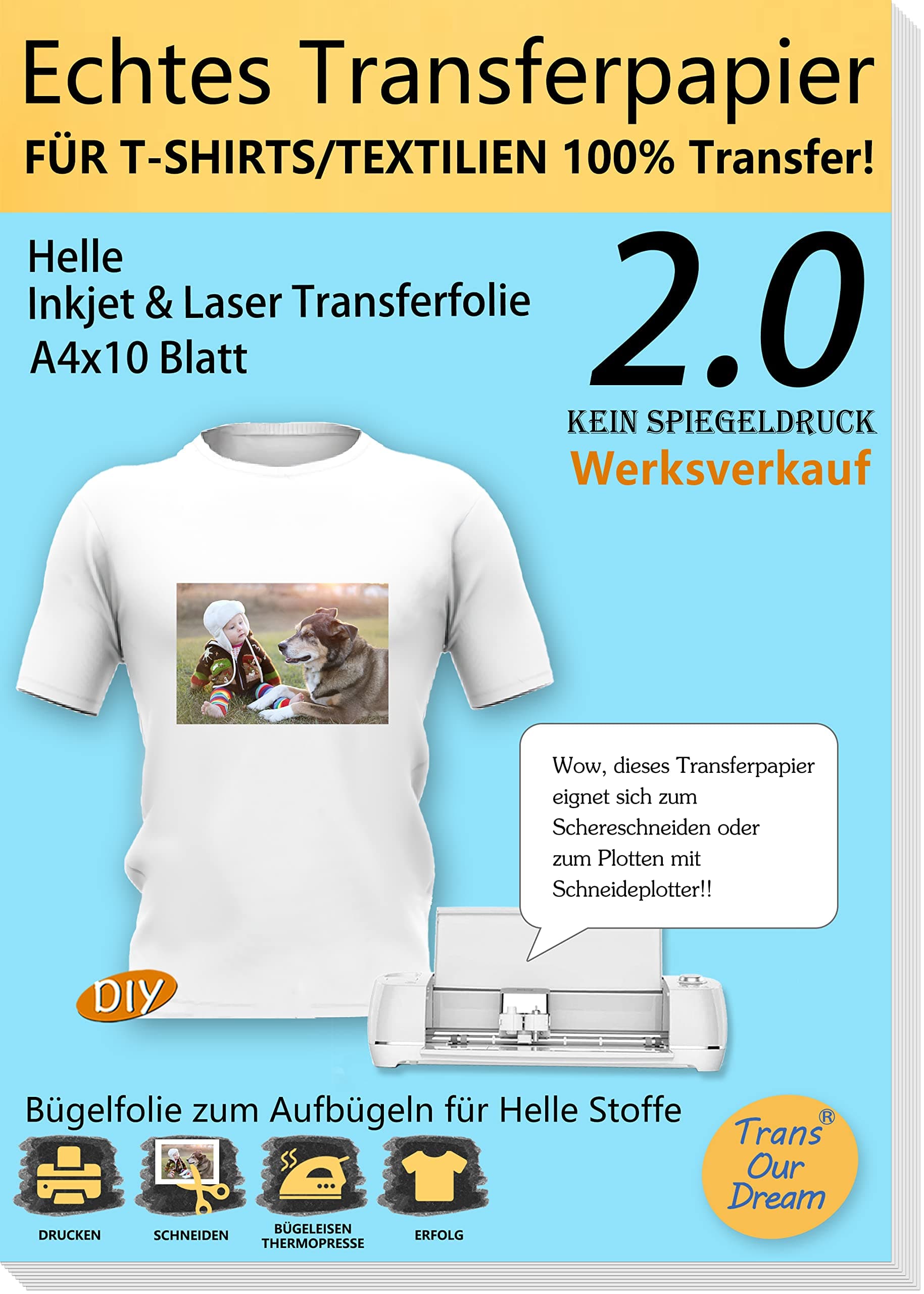 TransOurDream A4X10 Blatt+1 Silikonpapier Inkjet/Laser T-Shirt Transferpapier