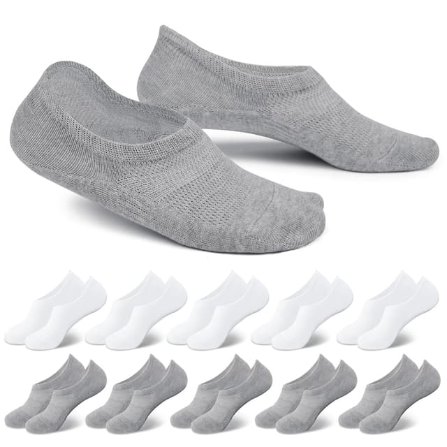 🧦 EKSHER 10 Paar Unisex No Show Sneaker Socken Baumwolle 🌟 Unsichtbare Füßlinge Damen Herren Silikonpad Rutschfest Sommer Atmungsaktive 5×Weiß + 5×Grau 39-42