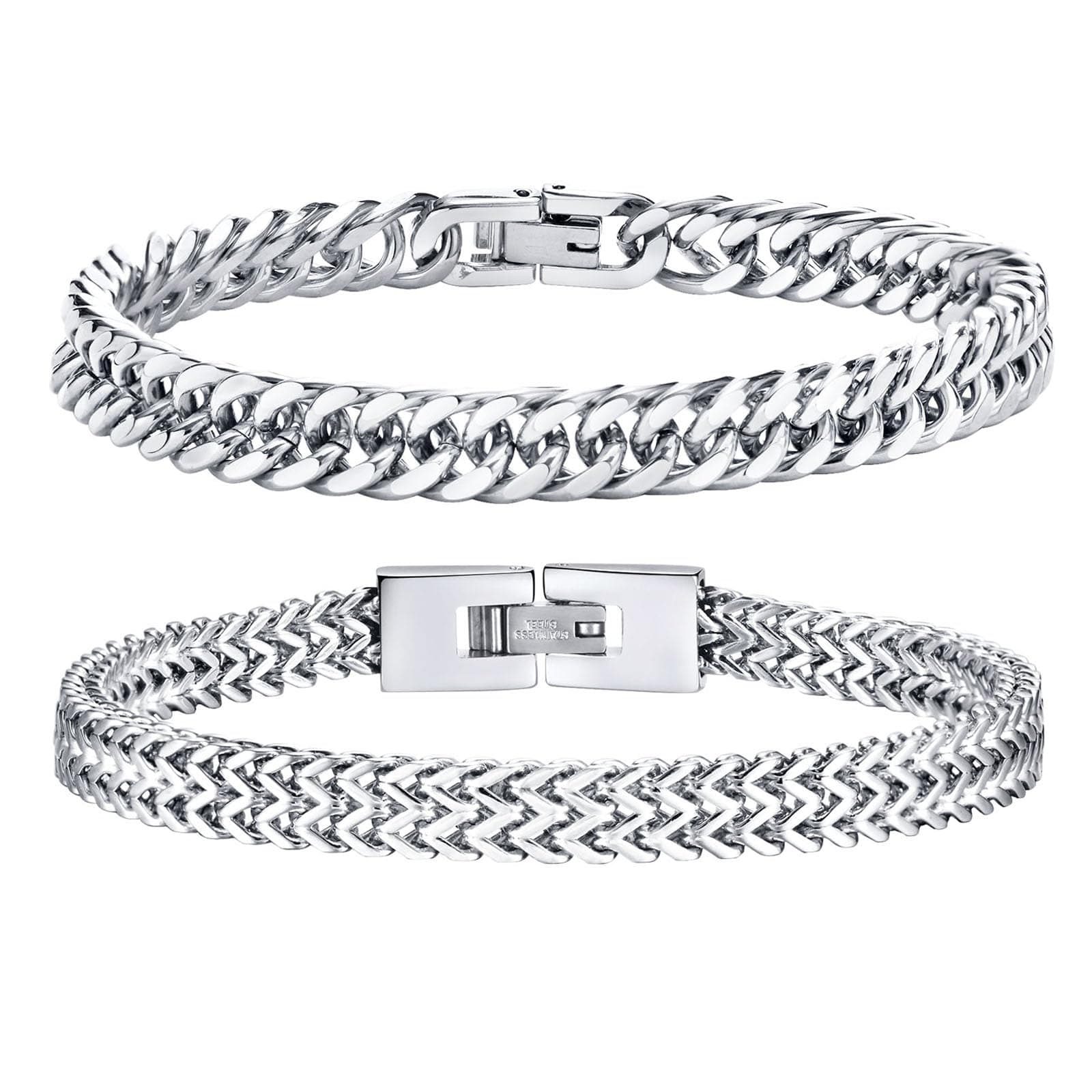Herren Armband Edelstahl Armbänder Panzerkette - 2 Stücke Silber Schwarz Gold Herrenarmbänder für Männer Jungs Kubanische Armband 8mm Breite 19cm/21cm/23cm
