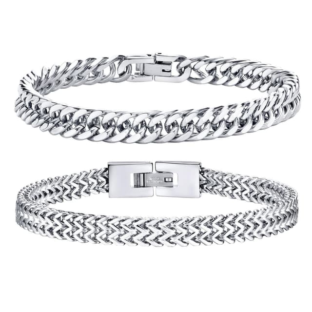 Herren Armband Edelstahl Armbänder Panzerkette - 2 Stücke Silber Schwarz Gold Herrenarmbänder für Männer Jungs Kubanische Armband 8mm Breite 19cm/21cm/23cm