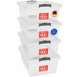 ATHLON TOOLS 4x 12.5 L Aufbewahrungsboxen mit Deckel, lebensmittelecht - Verschlussclips - 100% Neumaterial Plastik-Box transparent - Kleiderboxen stapelbar 4er-Set Transparent Angebot bei HelloDeals