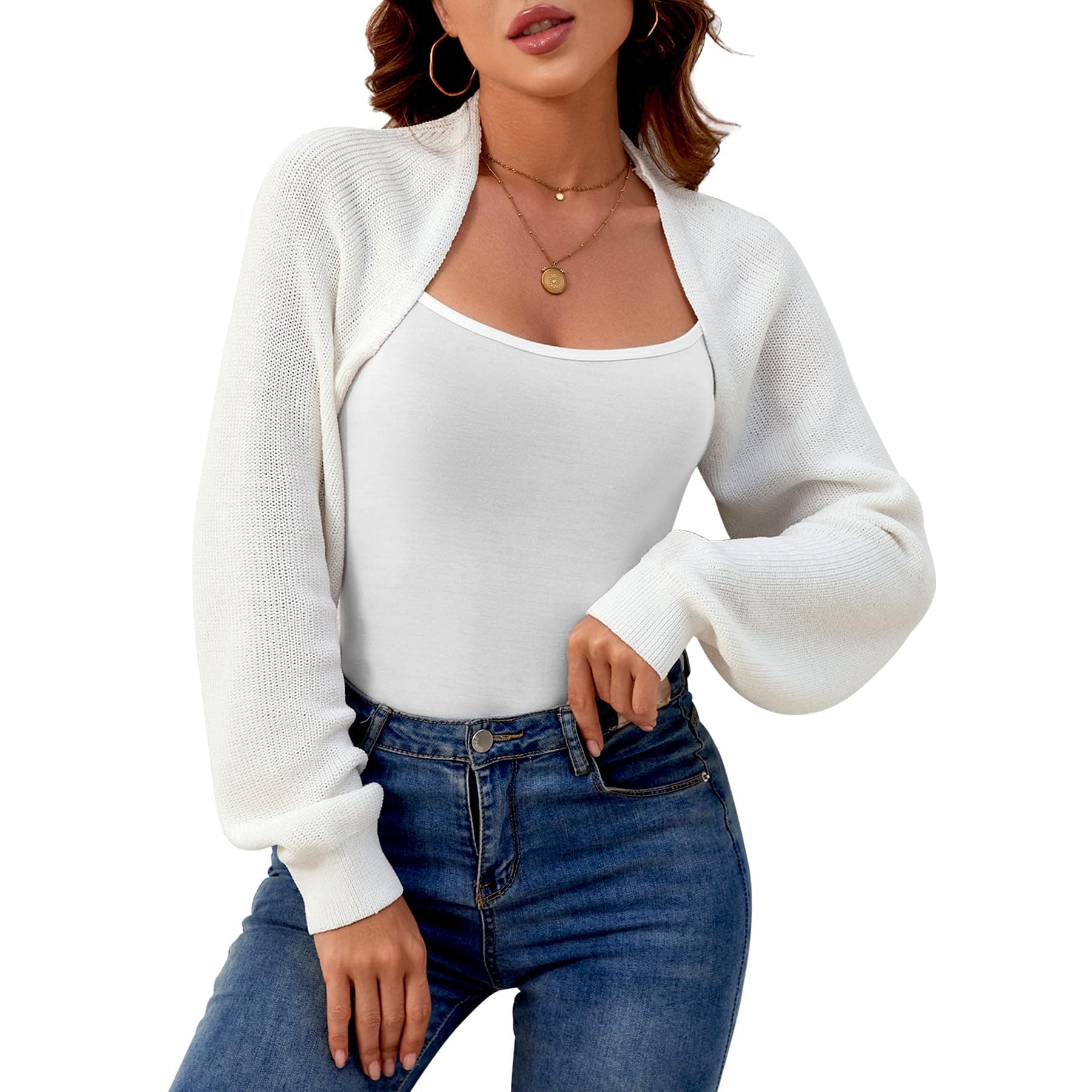 QIANSIQIANBO Bolero Damen Kurz Strickjacke Offener Front 🌟 Crop Shrug Cardigan 🌸 Rippstrick Langarm Strickpullover Leichte Jäckchen Casual Einfabig Schulterjacke für Kleider S-XL Weiß XL