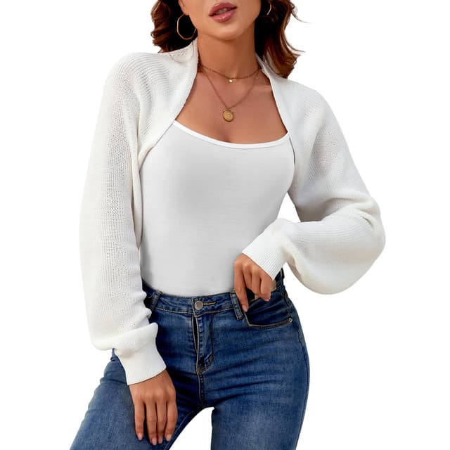 QIANSIQIANBO Bolero Damen Kurz Strickjacke Offener Front 🌟 Crop Shrug Cardigan 🌸 Rippstrick Langarm Strickpullover Leichte Jäckchen Casual Einfabig Schulterjacke für Kleider S-XL Weiß XL