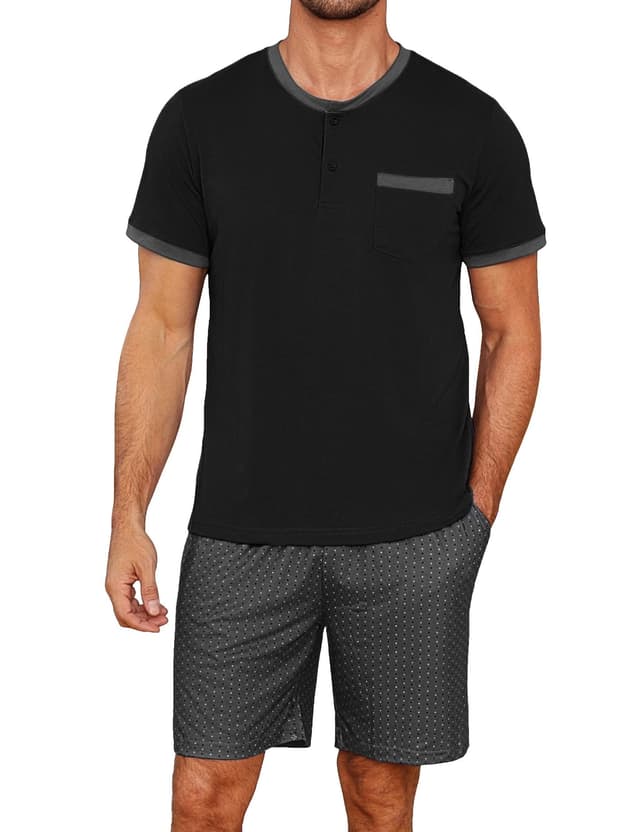 🌙 Jahetuul Schlafanzug Herren kurz 🌟 Pyjama Sommer Rundhals Schlafanzüge Herren Jungen Nachtwäsche Männer Schwarz