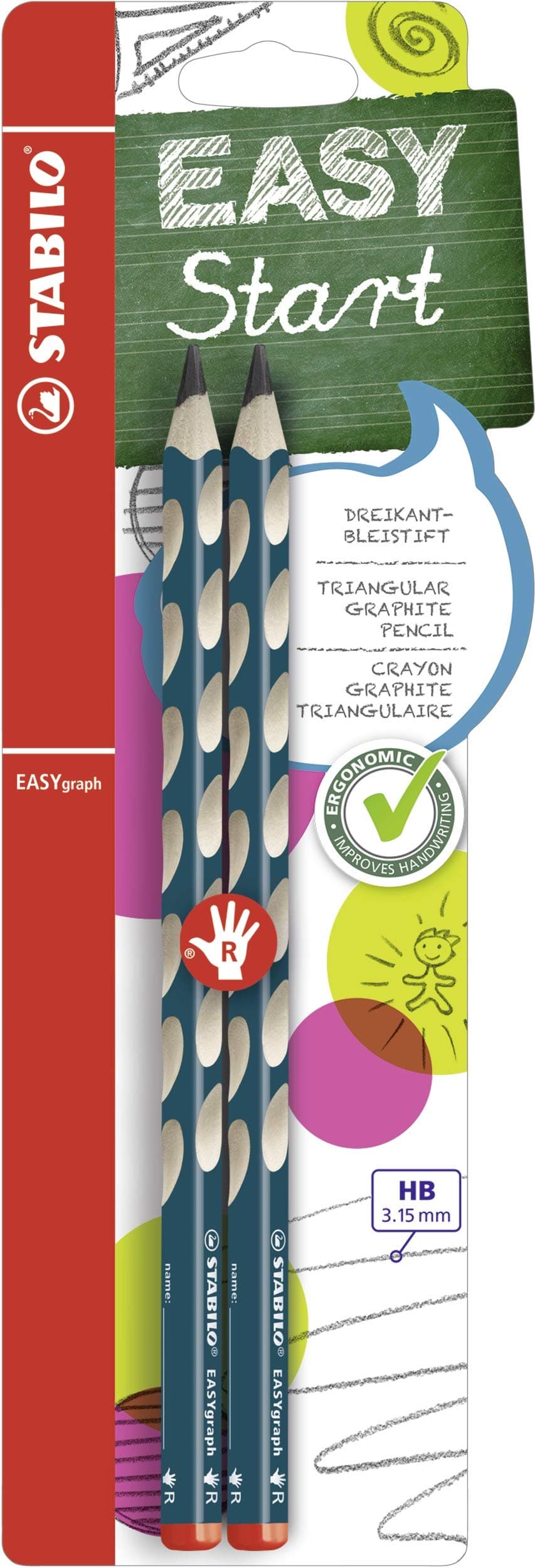 🌟 STABILO - Ergonomischer Dreikant-Bleistift für Rechtshänder - EASYgraph in petrol - 2er Pack - Härtegrad HB petrol 🌟