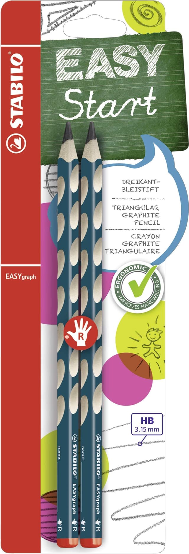 🌟 STABILO - Ergonomischer Dreikant-Bleistift für Rechtshänder - EASYgraph in petrol - 2er Pack - Härtegrad HB petrol 🌟