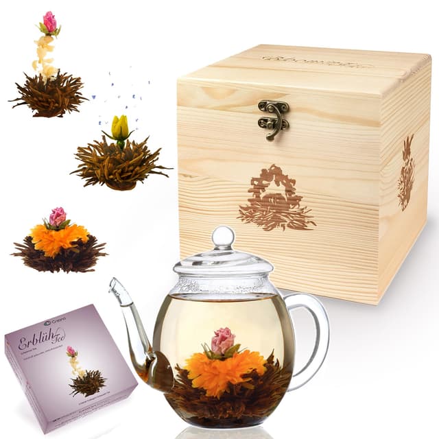 🌺 Creano Teeblumen - Mix Geschenkset Erblühtee mit Glaskanne 🍵