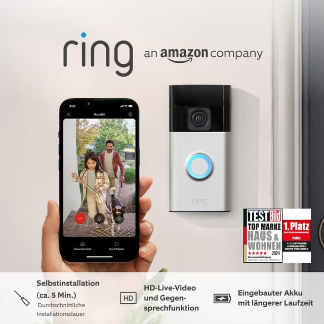 Ring Akku-Videotürklingel (Battery Video Doorbell) (2024) | WLAN-Videotürklingel-Sicherheitskamera, Selbstinstallation (in 5 Minuten) | mit eingebautem Akku I Privatsphäre-Einstellungen Nickel Matt Nur Gerät 🚪🔋📹