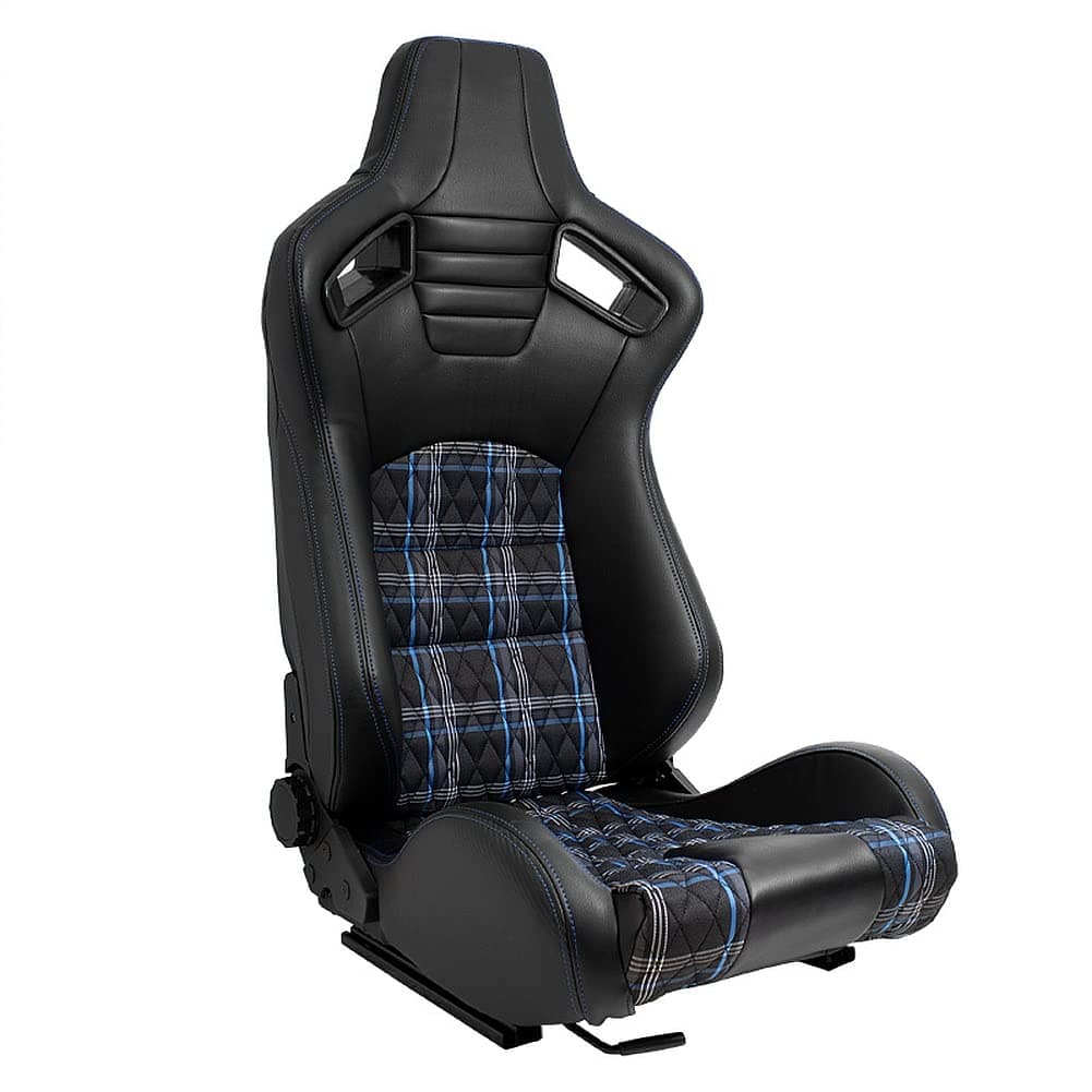 🚗 AUTO-STYLE Sportsitze 'GT' - Schwarz Kunstleder + Stoff in Blau Karomuster + Blaue Nähte 🏁