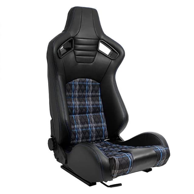 🚗 AUTO-STYLE Sportsitze 'GT' - Schwarz Kunstleder + Stoff in Blau Karomuster + Blaue Nähte 🏁