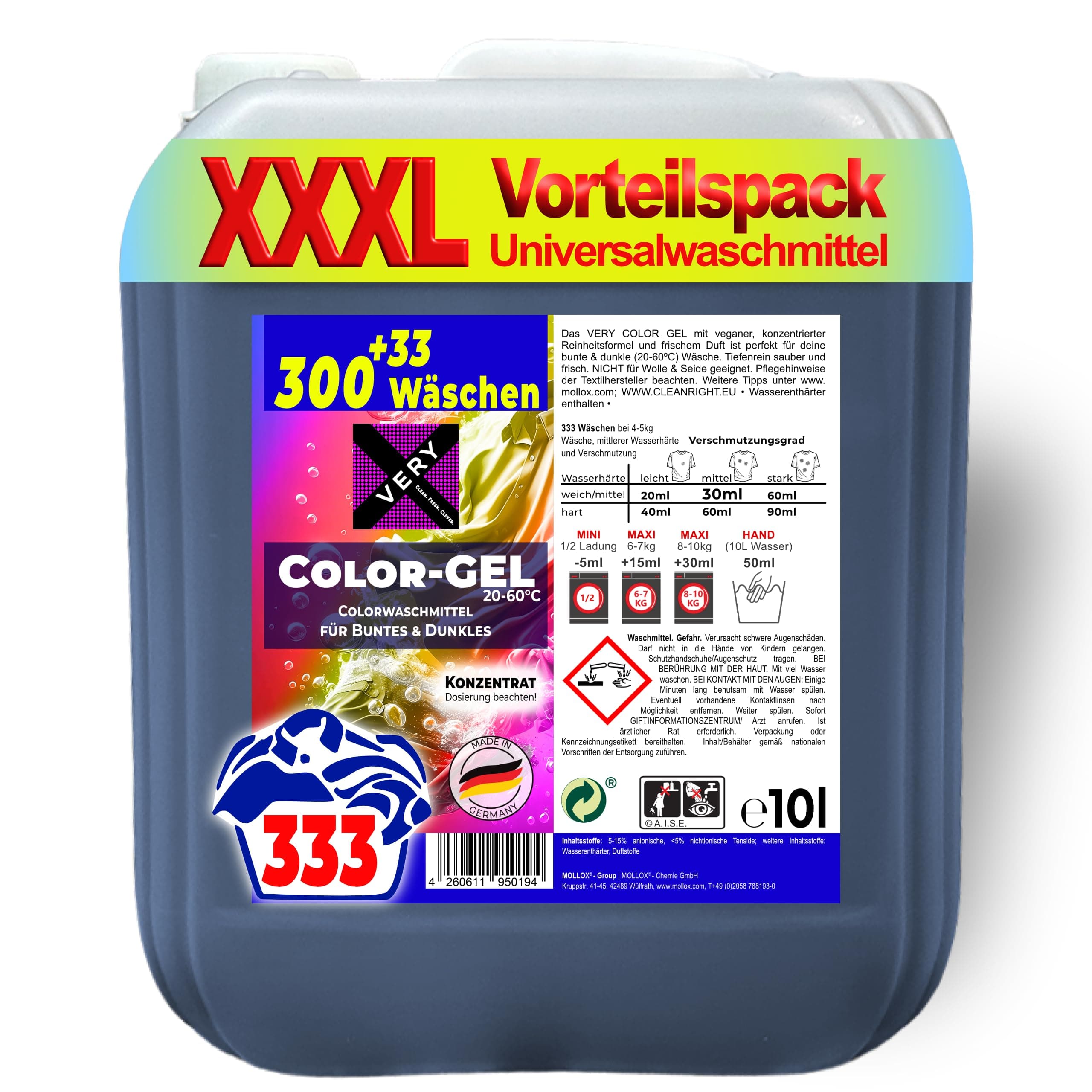 🌈👚⚡️ MOLLOX CHEMIE: VERY Color Gel 10l Vorratspack (333 Waschladungen)