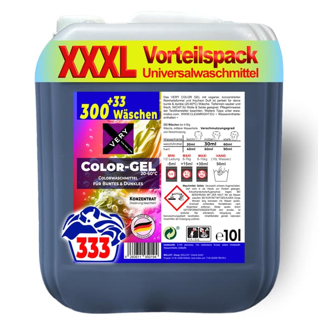 🌈👚⚡️ MOLLOX CHEMIE: VERY Color Gel 10l Vorratspack (333 Waschladungen)