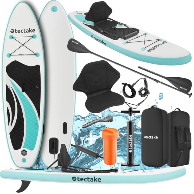 🌊🏄‍♂️ tectake® Stand Up Paddle Board, SUP aufblasbar, Standup, SUB mit Pumpe, Kajak Boot Sitz, Finnen, Rucksack, Doppelpaddel - Wassersport und Paddling 🏄‍♀️🌊