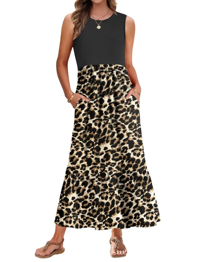 👗 AUSELILY Sommerkleid Damen Lang Ärmelloses Maxikleid Damen Sommer Strandkleid XL Leopard Schwarz 🌞