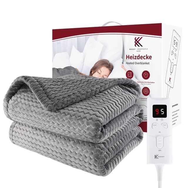 🔥 REDKEY Heizdecke mit Abschaltautomatik, 180x130 cm 9 Temperaturstufen & 1~5Stunden Auto-Off-Timer 🛋️ Überhitzungsschutz, Warm Elektrische Wärmedecke, Maschinenwaschbar Grau