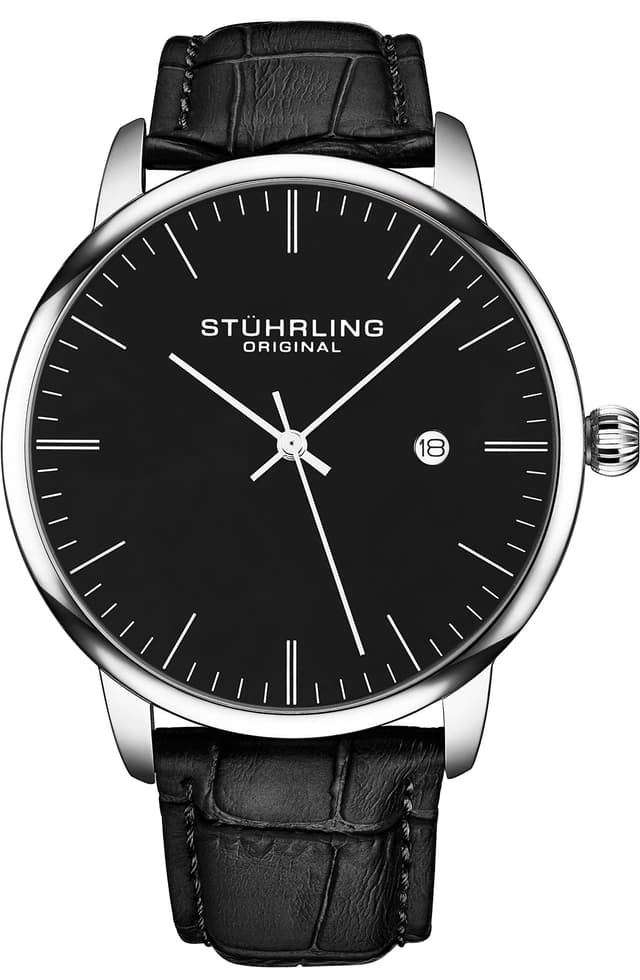 Stuhrling Original Herren-Armbanduhr 🕰️ Schwarzes Kalbslederarmband