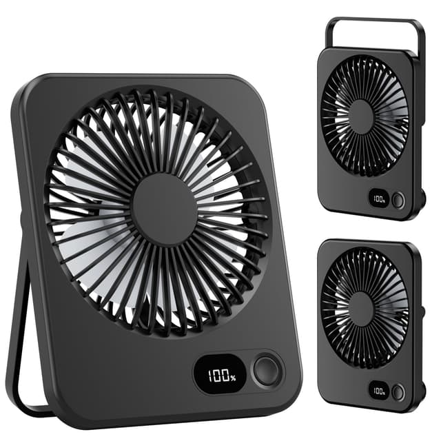 LuJasi Klein Tischventilator USB Leise Ventilator Akku 3600mAh 5 Geschwindigkeiten 180°Einstellbar Tragbarer LED Anzeige Fan Für Büro, Bibliothek, Reise Schwarz 🌀