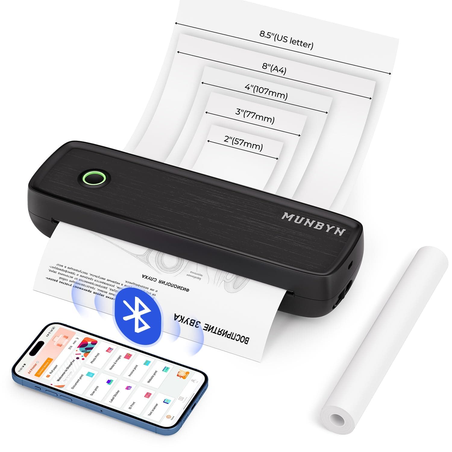 MUNBYN ITP04 Thermodrucker, A4, Bluetooth-Drucker, tragbar, kabellos, für Reisen, kompatibel mit Android- und iOS-Handys und Laptops, Kleiner Drucker, Schwarz