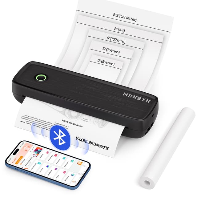 MUNBYN ITP04 Thermodrucker, A4, Bluetooth-Drucker, tragbar, kabellos, für Reisen, kompatibel mit Android- und iOS-Handys und Laptops, Kleiner Drucker, Schwarz