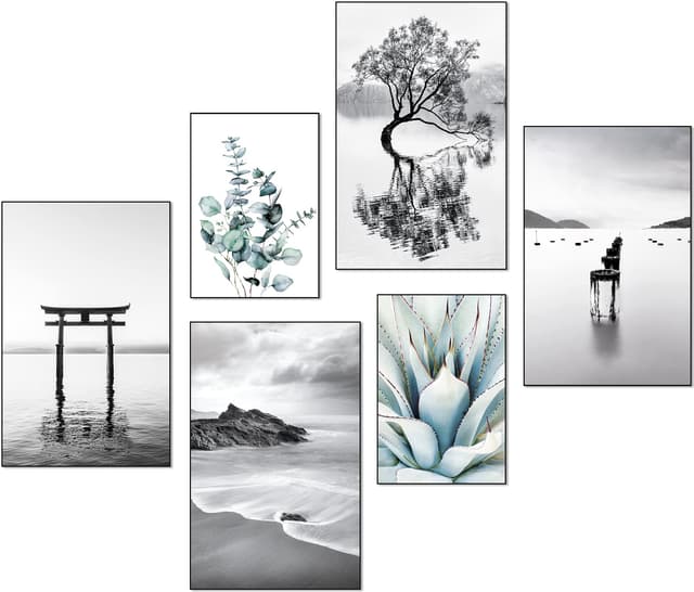 🖼️ artpin® Moderne Poster Set - Bilder Wohnzimmer Deko Schlafzimmer - Strand Palme schwarz weiß Bilderwand ohne Rahmen (4x A3|2x A4)