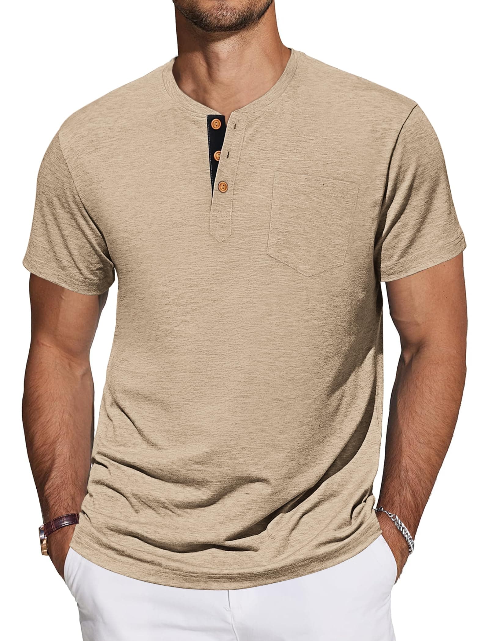 👕 TARAINYA Henley T-Shirts Herren Baumwolle Shirt Kurzarm Sommer Einfarbig Basic Tee Männer mit Tasche M-4XL A Khaki XL