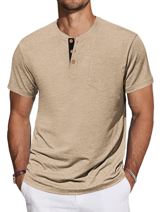 👕 TARAINYA Henley T-Shirts Herren Baumwolle Shirt Kurzarm Sommer Einfarbig Basic Tee Männer mit Tasche M-4XL A Khaki XL