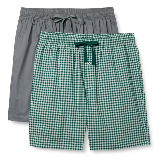 🌜 Amazon Essentials Herren Schlafanzug-Shorts aus Baumwollpopeline, 2er-Pack XXS Dunkelgrau/Vichy-Muster 🌟
