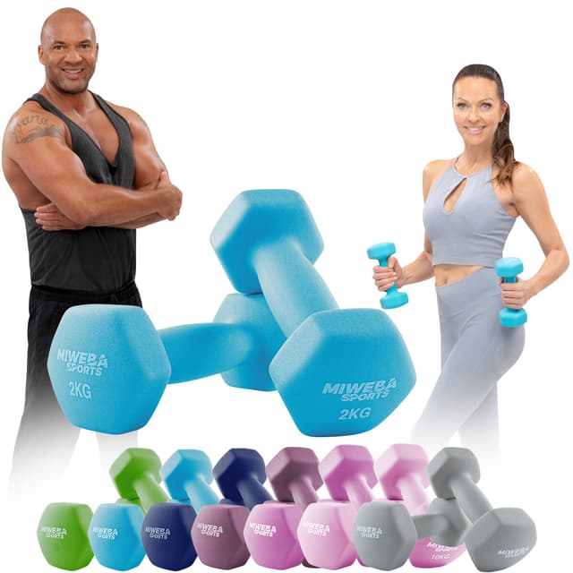 Miweba Sports Neopren Hantelset NKH100 | 𝐏𝐫𝐨𝐟𝐢 Hanteln - 0.5-10.0 Kg - Hexagon Hanteln Set - Kurzhanteln - Kurzhantel Set - Gymnastikhanteln - Hantel Set - Dumbbell Türkis 2X 2.0 kg