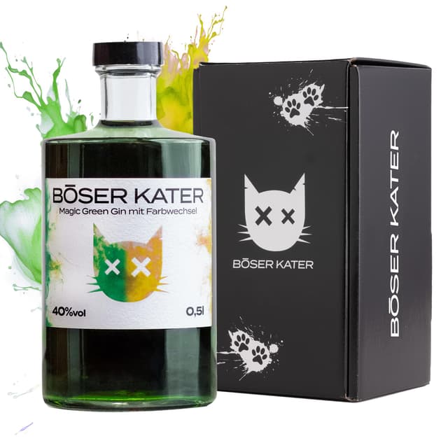 BÖSER KATER Magic Green Gin | Farbwechsel-Effekt | Hochwertige Geschenkbox | Handgemacht 0,5l 40% Vol.