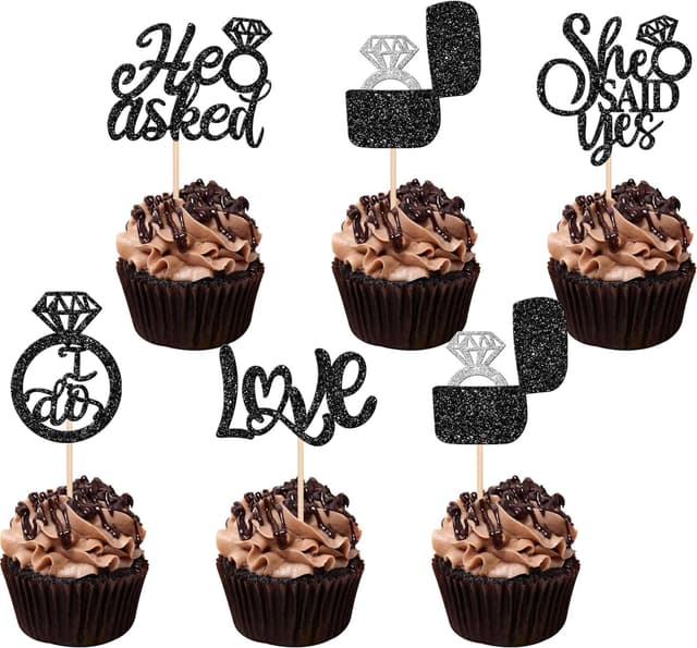 30 Stück He Asked She Said Yes Tortendeko Love I Do Cupcake Toppers Diamant Ring Bräutigam Dusche Kuchen Deko für Hochzeit Enaggement Thema Party Torte Dekorationen Schwarz 😍🍰