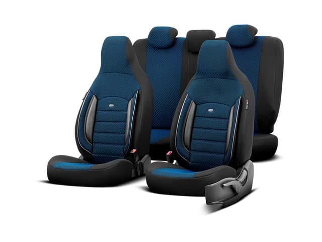🚗🔵 OtoM Universelle Stoff 'CityBug' Sitzbezüge 'Sport Plus' Schwarz/Blau - 9-Teilig - Kompatibel mit Side-Airbags
