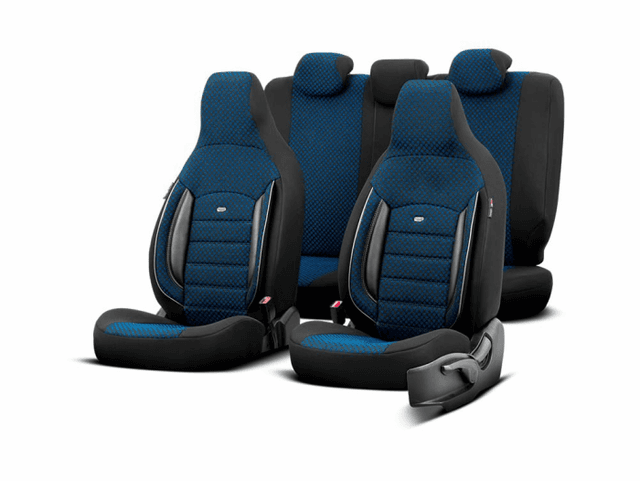 🚗🔵 OtoM Universelle Stoff 'CityBug' Sitzbezüge 'Sport Plus' Schwarz/Blau - 9-Teilig - Kompatibel mit Side-Airbags