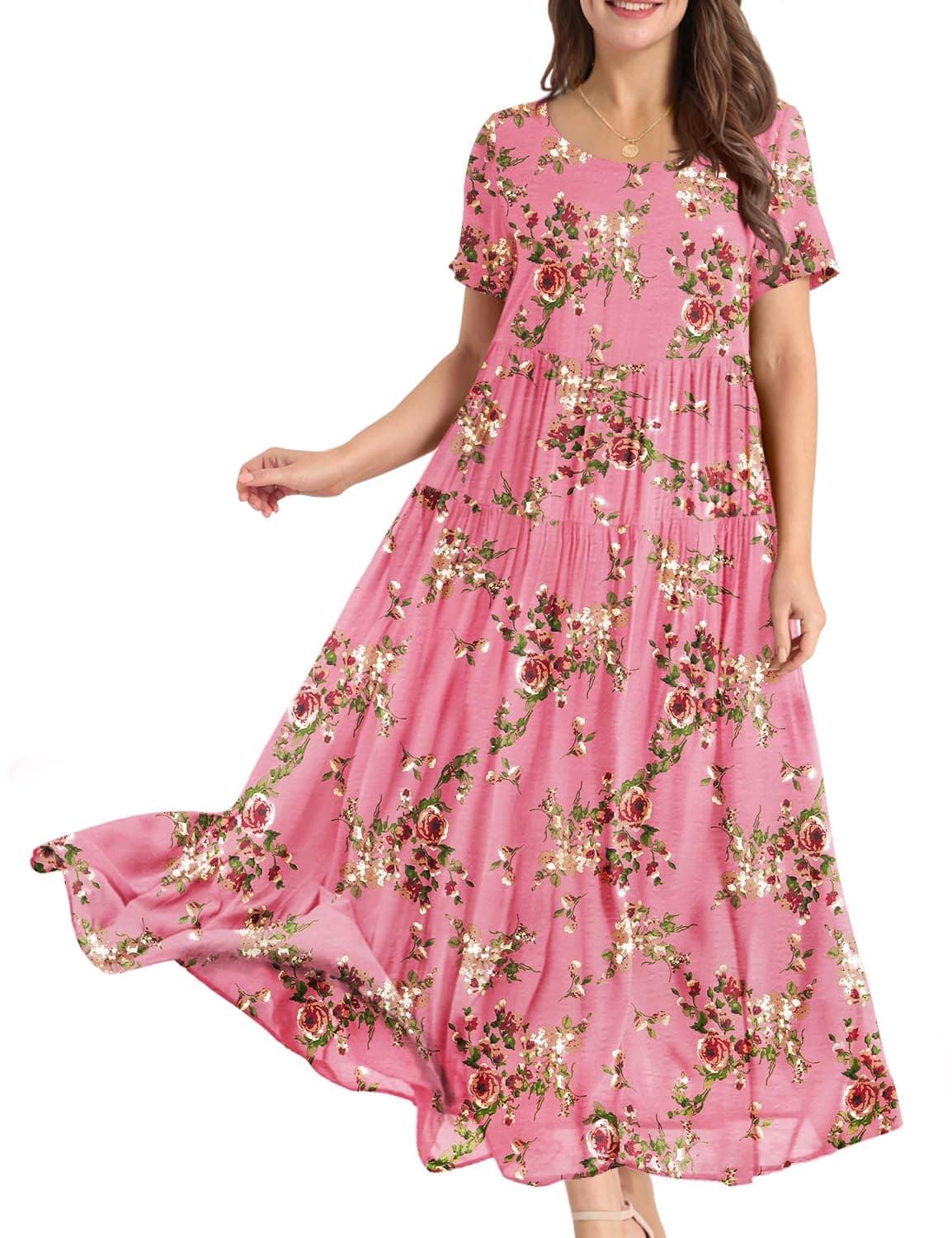 YESNO Damen Kleider Freizeit Lose Sommerkleid Lang Boho Maxikleid für Rundhals Strandkleid Blumenkleid EJFDE XXL Cr35 Rosa 🌸👗