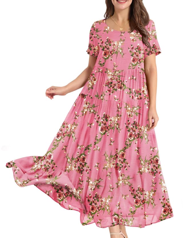 YESNO Damen Kleider Freizeit Lose Sommerkleid Lang Boho Maxikleid für Rundhals Strandkleid Blumenkleid EJFDE XXL Cr35 Rosa 🌸👗