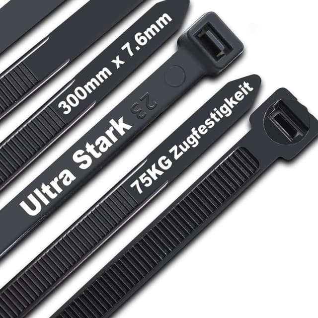 🔗 Kabelbinder Schwarz 300mm x 7,6mm | UV-Beständig | 100 Stück
