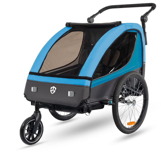 🚴‍♂️👶 Tiggo VS Kinderanhänger 360° Drehbar mit Federung 2in1 Fahrradanhänger mit Buggy Set Jogger 5-Punkt Gurt Blau