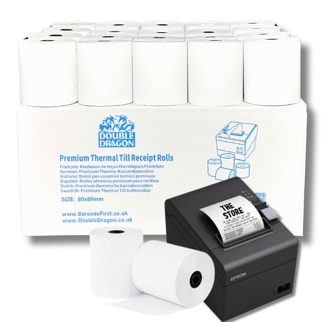🔥 Doppelte Drachen 🐉 80 x 80 mm Premium Thermopapier Kassenrollen - Packung mit 20 Rollen