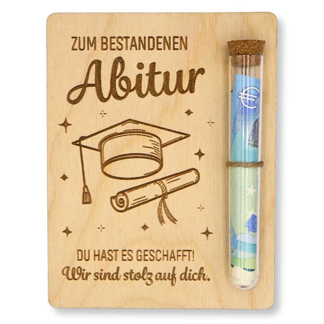 ZUKLA Verpackung für Geldgeschenke Holz 13 x 10 cm mit Reagenzglas - Geschenk zum Abitur